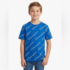 Champion Blue All-Over White Logo Pattern Short Sleeve Tee T-shirt Top Boy M 10
